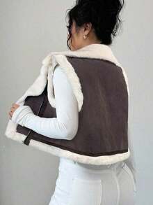 Chaqueta holgada de forro polar con solapa marrón para mujer - Café integral - Ver 2