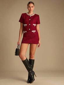 Chaqueta elegante de mujer con adornos de perlas y mangas cortas, para verano - Rojo - Ver 3