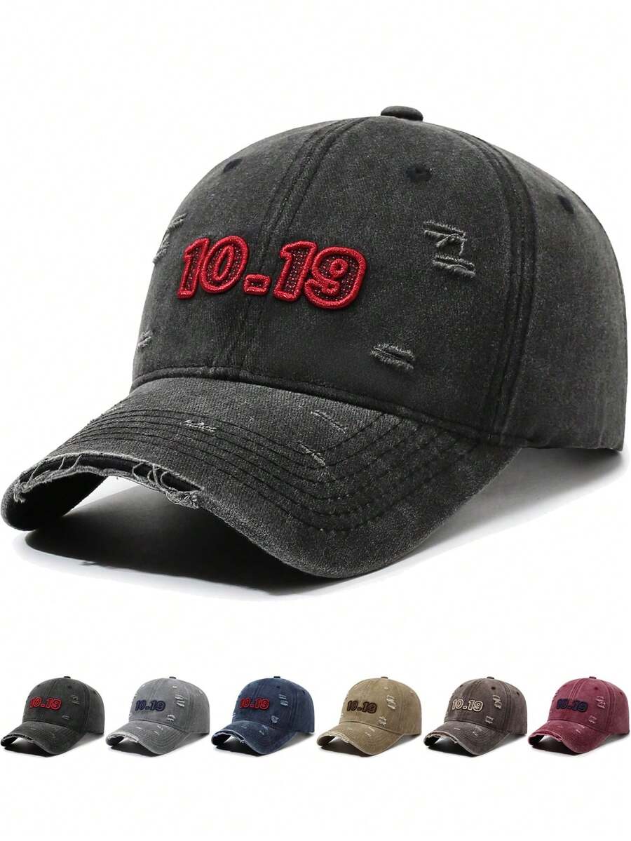 1pc 10.19 Embroidered Baseball Cap, Unisex Washed Style Hat, Fashionable Retro Sun Hat, Adjustable Outdoor Sunshade Cap, Y2K Style Distressed Curved Brim - Multicolor - View 1