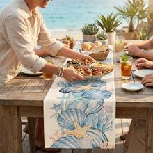Mantel de 13x72 pulgadas con conchas marinas y estrellas de mar, mantel con tema de océano acuarela de estilo costero para verano, decoración de mesa de comedor para fiesta de playa en el hogar, cocina, restaurante, vacaciones - Multicolor - Ver 2