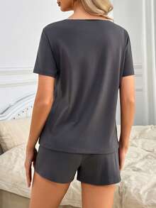 Pyjama décontracté d'été pour femme 2 pièces, pull à manches courtes avec nœud, imprimé cerise, couleurs contrastées, style loungewear - Noir - Voir 2