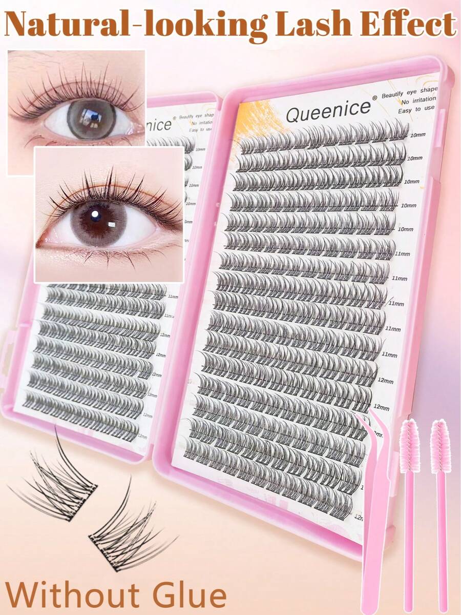 Queenice 352片免胶轻盈簇状假睫毛,长度10-12毫米,多种款式可选,包括卡通款/卷翘款,打造3D自然眼妆,10秒快速上妆,可重复使用,亲肤配方,新手友好,适合日常妆容/旅行 - 彩色 - 查看 1