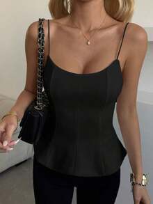 2026 Nueva primavera Negro Top de camisola Y2K para mujer, cuello cuadrado francés ajustado con volante en el bajo, elegante top corto sin mangas con espalda abierta, casual de verano - Negro - Ver 3