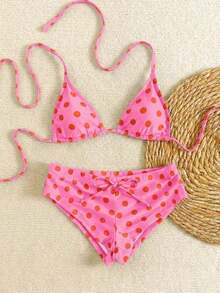Nuevo conjunto de bikini con estampado de lunares sexy, espalda descubierta y lazo, con tirantes de espagueti para playa y piscina en vacaciones - Rosado Sandía - Ver 2