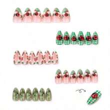 Press On Nails - 30 Pieces Of Autumn Cute 3D Three-Dimensional Seven-Star Ladybug Flower Almond Wear Manicure Advanced Plaid French Manicure - DM-572[30 Pieces/box] - View 3