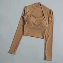Top deportivo con cojín para el pecho para mujer, camisas de manga larga, ropa corta elegante para baile y Yoga, cintura pequeña para gimnasio - CAFETERÍA - Ver 3