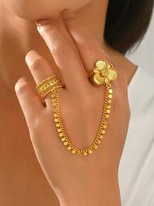 1 buah Cincin Jari Rantai Bunga yang Dapat Diatur, Berlapis Emas Tembaga Mewah, Cocok untuk Aksesori Pesta Pernikahan Wanita - Yellow Gold - View 3
