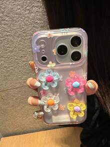 Korean Ins-Style Dopamine Colorful Plaid 3D Floral 17 Pro Max Phone Case, Creative Protective Cover For Apple 15 Pro, 14, 13, 16, 17 Unique Design For Women - Pink - View 3