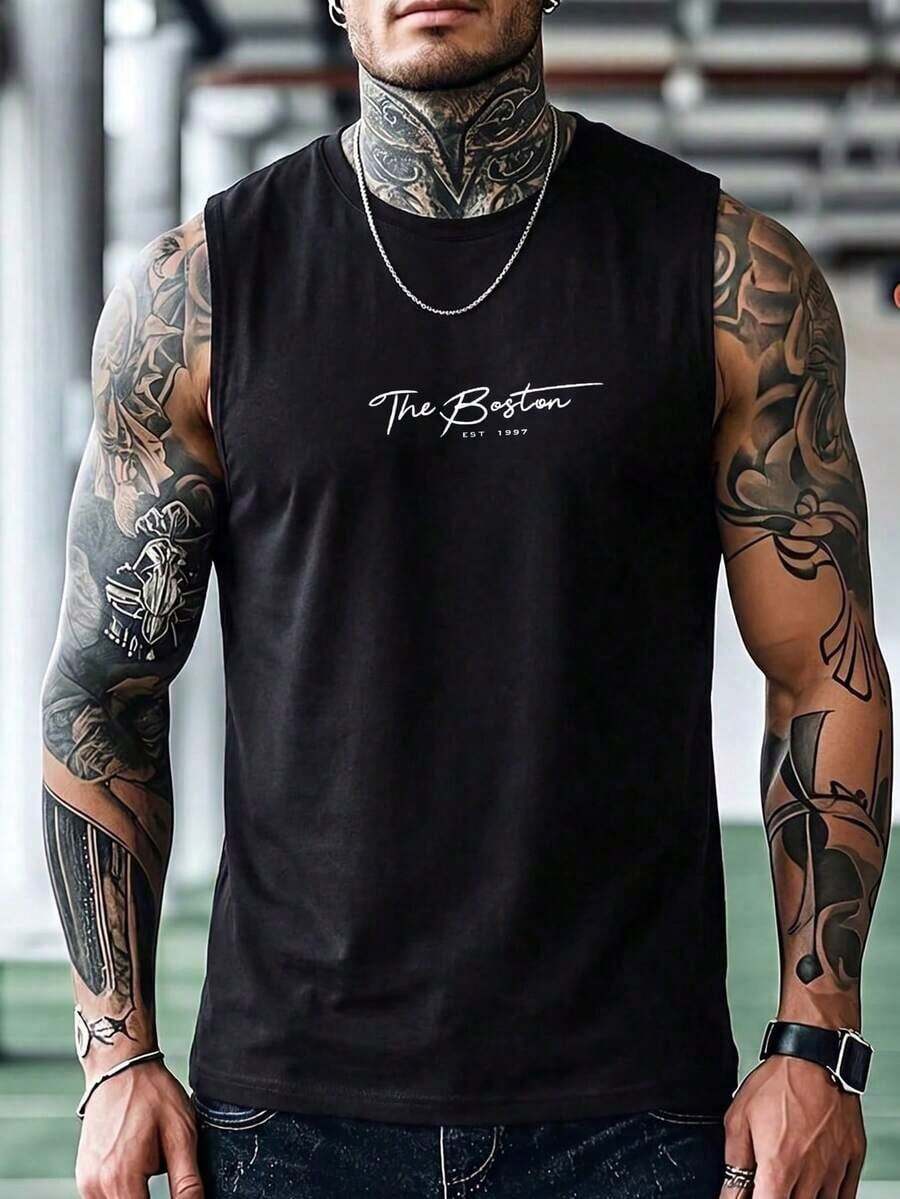Camiseta de manga corta de verano casual con estampado de eslogan para hombres - Blanco y Negro - Ver 1