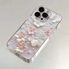1pc Ins Style Fresh Hibiscus Flower & Leaf Solid Color Pattern Soft Phone Case, Suitable For IPhone 11/12/13/14/15/16 Pro Max - Multicolor - View 2