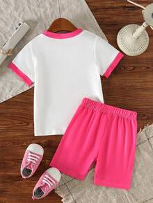 2pcs/Set Cute Cartoon Rabbit Print Short Sleeve T-Shirt And Shorts Set For Girls, Suitable For 4-7 Years Old, Summer Casual Wear - Hot Pink - View 3