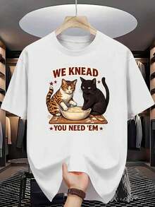 Men's Cotton T-Shirt With Funny Cats Rolling Dough Print, Pure Cotton, High Quality Print, Durable, Casual, Fashion, Women's Summer Outfit. - 白色 - 查看 9