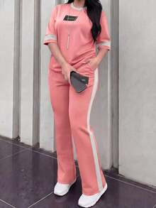 2 piezas Conjunto de camiseta de manga corta de cuello redondo y pantalones sueltos de cintura elástica para mujer, uso diario casual, negro, verano - Rosa 64 - Ver 2