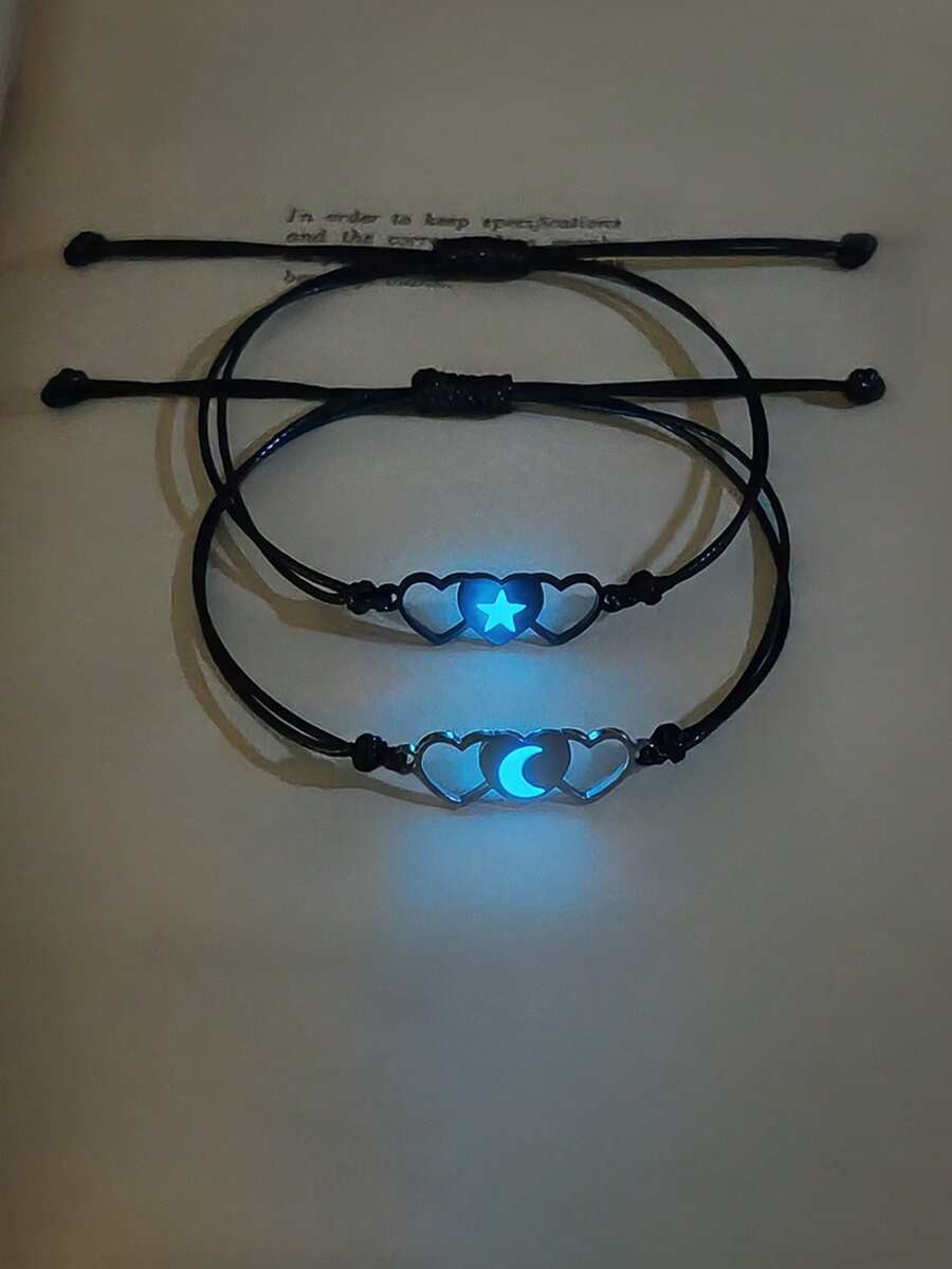 ATLVXJL 2pcs/Set Glow-In-The-Dark Couple/Friendship Starry Heart Pendant Bracelets, Black Cord, Suitable For Daily Wear And Holiday Gift - Multicolor - View 1