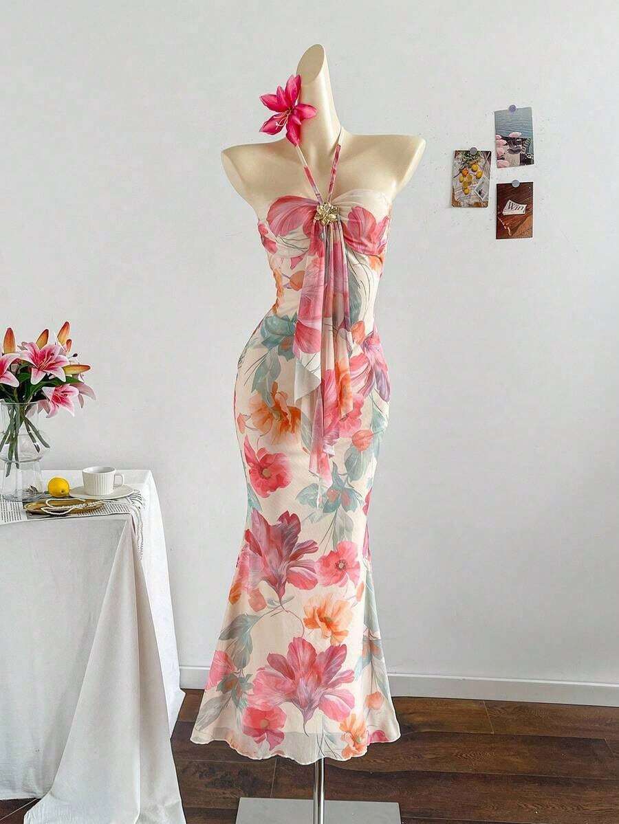 2026 Women's Romantic Gradient Mesh Knit Holiday Dress With Halter Neck, Bow And Decorative Metal Buckle, Mermaid Cut, Suitable For Parties, Dates, Afternoon Tea, Sexy And Elegant - 黑色 - 查看 1