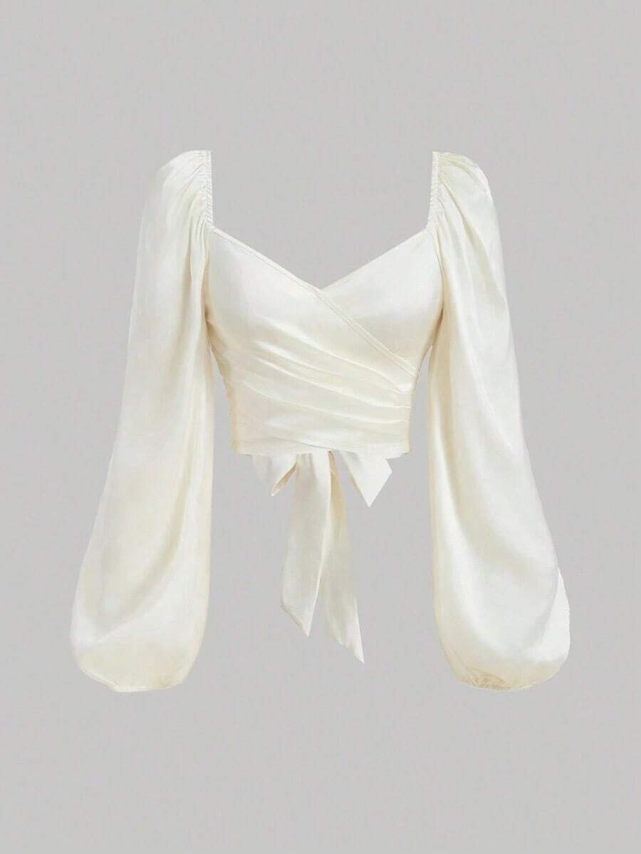 MOD Elegante Camisa Cruzada de Color Sólido con Mangas Tipo Linterna y Lazos para Mujer, Primavera/Verano - Blanco - Ver 1