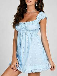 Cute  Casual    Lace    Backless  Ruffle    Y2k Summer Babydoll Dress  Beach  Travel  Daily  Dating  Vacation    Summer Sundress - 淺色水洗藍 - 查看 5