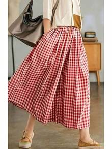 High-Waist New Casual Vacation-Style - Plaid Wide-Leg Pants Skirt, Loose And Elegant Casual Trousers - 紅色 - 查看 4