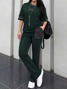 2 piezas Conjunto de camiseta de manga corta de cuello redondo y pantalones sueltos de cintura elástica para mujer, uso diario casual, negro, verano - Verde oscuro 24 - Ver 4