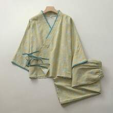 优雅提花织造中国风女士睡衣，春/秋/夏双层提花纯棉和服式家居服 - 綠色 - 查看 11