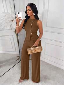 sin mangas a rayas Amarilo y pantalones rectos, conjunto de dos piezas, elegante y de negocios casual, último conjunto de mujer elegante para primavera/verano - hierba verde - Ver 7