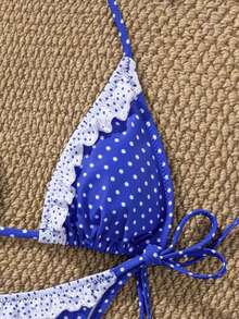 PEPPERMOLLY Bộ bikini chấm bi xanh dương với viền ren trắng, áo tắm hai mảnh buộc dây, đồ bơi dễ thương cho kỳ nghỉ xuân/hè 2023. - Màu xanh lam - Xem 5