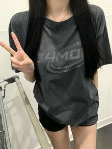 Women's Loose Sequin Letter Print Drop Shoulder T-Shirt, Summer Casual - Dark Grey - View 4