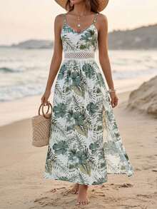 Women's High Slit V-Neck Maxi Dress Floral Print Sleeveless Sundress Spaghetti Straps A Line Dresses With Cut Out Waist For Summer Casual And Mother's Day Gift - màu xanh lá - Xem 4