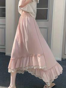 Casual Style Irregular Lace Patchwork Cake Skirt, High-Waisted Slimming Mid-Length Skirt, Fairy-Like And Gentle Style - Pink - View 2