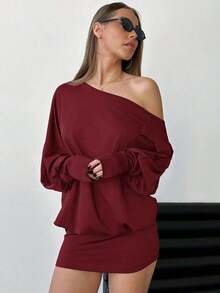 Vestido corto y ajustado de manga larga, asimétrico y para mujer, para festivales deúsica y estilo streetwear moderno - Rojo cereza - Ver 6