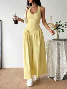 Vestido con cuello en V profundo francés, espalda descubierta, cintura con lazo y plisado, sexy - Amarillo - Ver 1