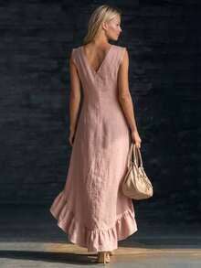 New Romantic Sleeveless V-Neck Ruffled Cotton And Hemp Dress For Spring And Autumn 2026 - Pink - View 2