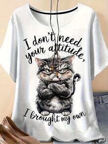 Plus Size - Plus Size - Women's Cute Cat Print T-Shirt, Casual, Round Neck And Short Sleeves, Suitable For Outdoor Activities In Summer. - White - View 3