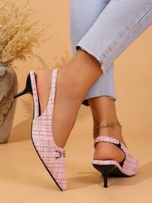 Zapatos de tacón bajo con punta y tira trasera para mujer, versátiles para ir al trabajo, la playa o fiestas - Rosa - Ver 5