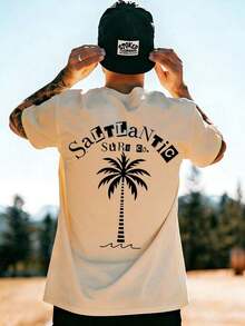 Coastal | New Men's Summer T-Shirt With Coconut Tree And Letter Print, Short Sleeve, Crew Neck, Casual Holiday Wear, 100% Cotton - 杏色 - 查看 2