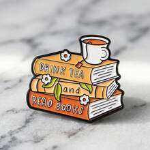 Artistic Book And Teacup Shaped Brooch, Creative Stacked Book And Teacup Design With Floral Accent, Versatile Accessory Suitable For Jacket, Bag, Hat, Perfect For Readers - A - View 10