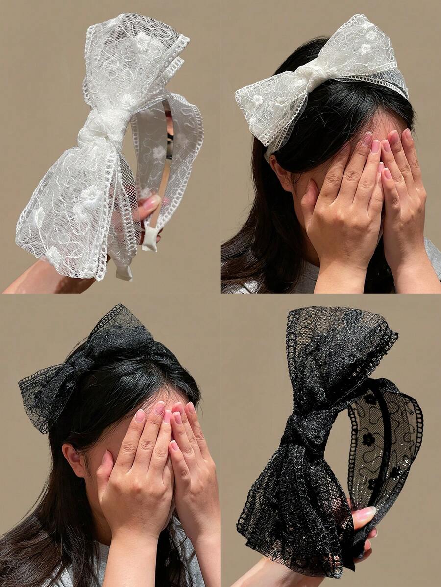 2件/1件 女士印花网纱蕾丝蝴蝶结发箍,黑白配色,波西米亚风,适合休闲、户外、海滩、拍照、送礼、节日、派对等场合的发饰 - 彩色 - 查看 1