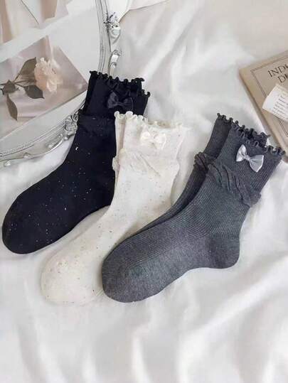 3 đôi tất nữ trang trí nơ, tất dài đến bắp chân màu trơn, tất kiểu Harajuku, tất ống không gọng, tất kiểu sinh viên thường ngày cho mùa xuân và mùa thu.