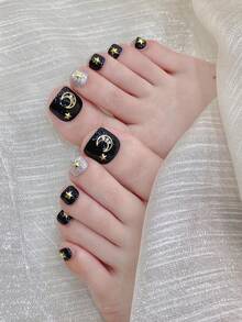 Uñas postizas para los dedos de los pies hechas a mano, equipadas con un juego completo de herramientas de aplicación, operación sencilla, crea fácilmente un aspecto exquisito de los pies en cualquier momento y lugar. Uñas de color negro, brillantes, imprescindibles para el verano, perfectas para combinar con sandalias y chanclas de verano. Ideal para la playa, la piscina - Negro - Ver 3