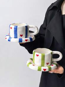 1 Set Classic Striped Heart Ceramic Coffee Cup & Saucer, Cute Korean Ins Style Mug Design With Matching Striped Heart Coaster, Ideal Choice For Coffee, Perfect Birthday & Holiday Gift, Suitable For Home Use, Great Gift For Him, Fun Cup. - Multicolor - View 5