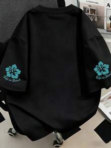 Camiseta con estampado de letra y palmera, blusa de verano casual para mujer talla grande, adecuada para vacaciones, playa, primavera, Día de la Madre, uso diario, boda, playa, gimnasio, graduación, fiesta, blusa de primavera de moda en color negro - Negro - Ver 2