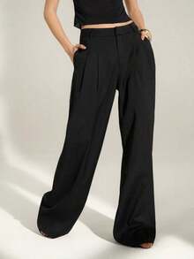 Tall Pantalones anchos de cintura alta plisados de estilo empresarial sexy y casual - Pantalones sueltos de unicolor elegante, ropa profesional de oficina, pantalones de trabajo con corte elegante para mujeres - Negro - Ver 4