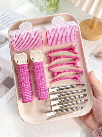 16pcs Fuchsia Curly Hair Styling Fluffy Combination Set, Lightweight Portable Fuchsia Curly Bangs Clip High Crown Styling Tool Combination Hair Clips & Accessories Set