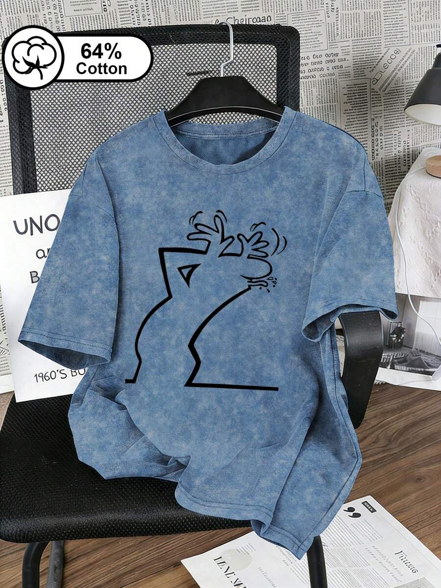 Plus Size Women's Casual T-Shirt With Quirky Line Animal Print And Vintage Snowflake Wash, American Street Style, Summer Top For Women Vacation - Blue - View 1