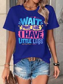Women's Casual Short-Sleeved Crew Neck T-Shirt, Made Of Lightweight And Breathable Cotton, Limited Edition With A Fun Design, Featuring The Print WAIT ME I HAVE LITTLE, Suitable For Petite Friends, Made Of Lightweight Cotton. - 藍色 - 查看 12