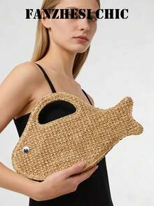 Natural Straw Woven Fish-Shaped Tote Handbag, Novelty Top Handle Beach Bag With 3D Eye Detail, Lightweight Casual Bag For Students & Office Ladies, Ideal For Beach Trips, Picnics & Daily Errands - Multicolor - View 8