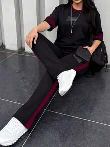 Conjunto de 2 piezas de camiseta de manga corta de cuello redondo y pantalones sueltos de cintura elástica para mujer, uso casual diario, primavera/otoño verano - Negro + Borgoña - Ver 8
