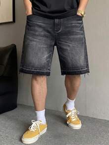 宽松毛边阔腿牛仔短裤，Y2K 宽松中长牛仔短裤，休闲街头风宽松百搭牛仔短裤，棉质斜插口袋牛仔短裤，夏季牛仔裤 - 黑色 - 查看 2