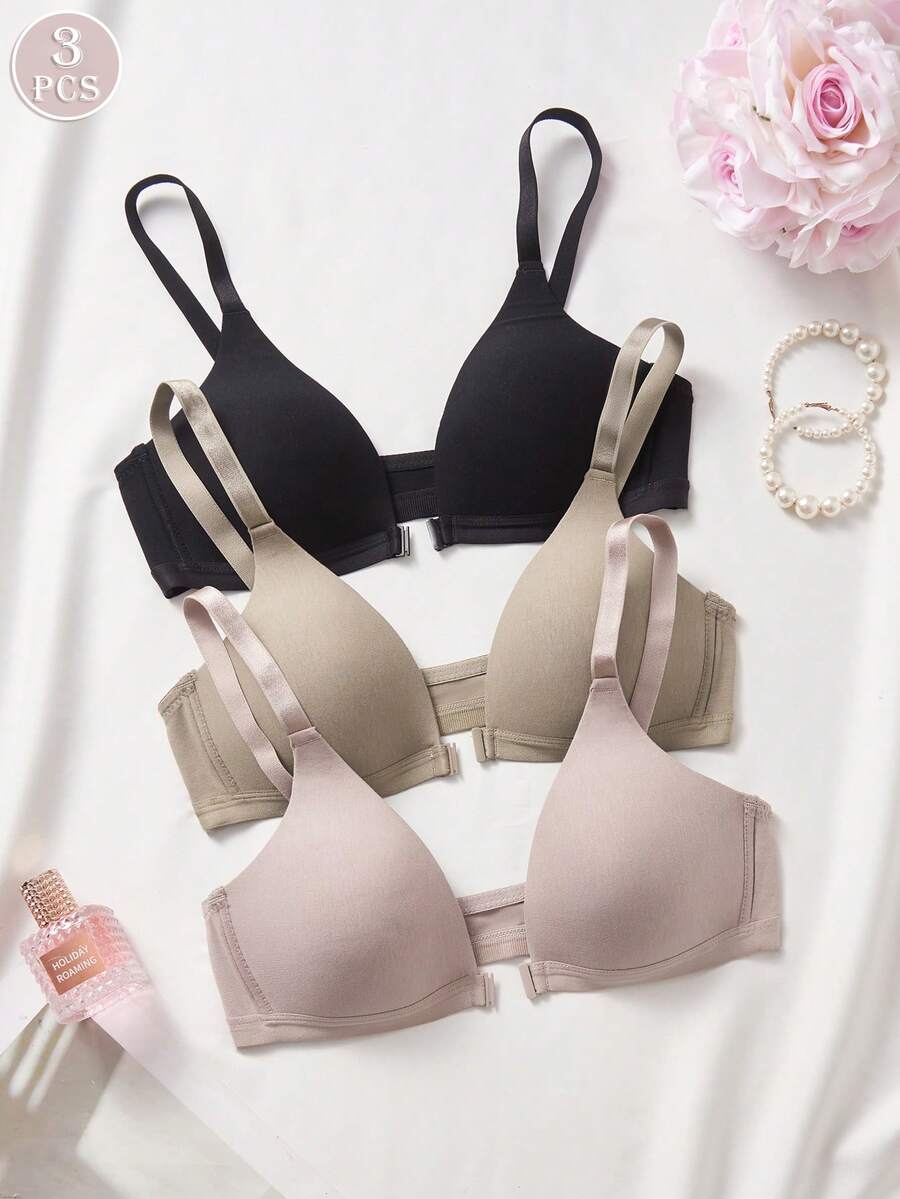 3pcs Women V-Neck Comfortable Wireless Front Closure Soft Cup Solid Color Cotton Bras With Adjustable Straps - Multicolor - View 1