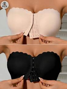 2pcs/Set Multi-Color Front Closure Bandeau Bras, Upgraded Non-Slip Padded Seamless Bras For Women (A-C Cup) - Multicolor - View 3